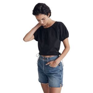 Madewell NWT Poplin Puff-Sleeve Side Cinch Cutout  Top sz XS in‎ Black